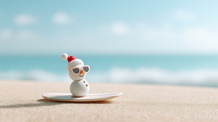 Single sand snowman wearing a Santa hat and sunglasses on a surfboard, capturing a whimsical holiday beach scene with a playful vibe