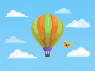 Colorful hot air balloon flying with white clouds and an orange butterfly in blue sky.