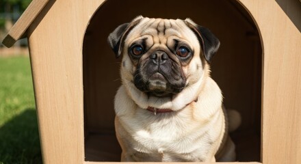 Obraz premium A pug sits in a wooden doghouse, gazing directly at the viewer