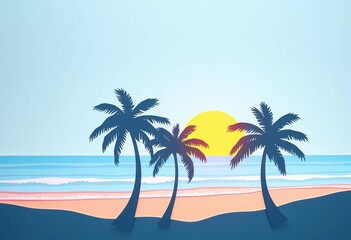 Fototapeta premium Delicate pastel blue paper cut palm trees, beach, ocean waves, sunset silhouette, card, holiday