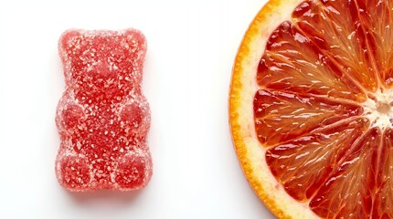 Comparison of red sugary gummy bear candy and fresh blood orange slice macro top view concept