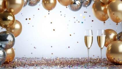 Elegant New Year's Eve celebration white background with balloons, disco balls, confetti and champagne glasses with space for copy.