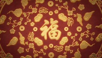 Naklejka premium Golden Chinese Character for Blessing Surrounded by Traditional Clouds and Floral Motifs on a Red Background, Cultural Celebration
