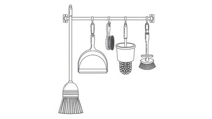 Outlined household cleaning tools hanging from a bar, showcasing broom, brush and dustpan arranged