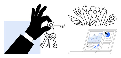 Business strategy, security, key management, data analytics, digital growth, and environment. Hand holding keys, flower and laptop with charts. Business strategy and security concepts