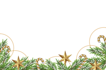 Christmas bottom border design with pine tree branches candy canes golden stars and beaded chains on transparent background
