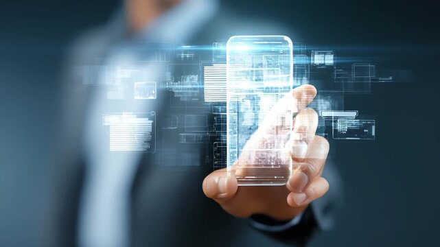 Digital Interface Interaction: A person's hand reaches out to touch a transparent screen, interacting with data visualization, showcasing the future of technology and connectivity. 