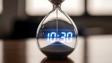 Digital hourglass displaying time with blue glowing numbers and falling black sand