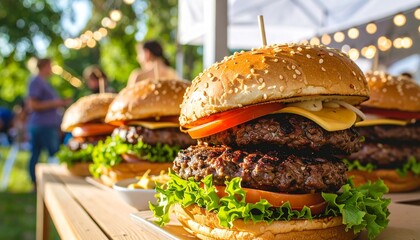 Close-up of gourmet double cheeseburgers with fresh toppings on a wooden table at an outdoor summer festival.
