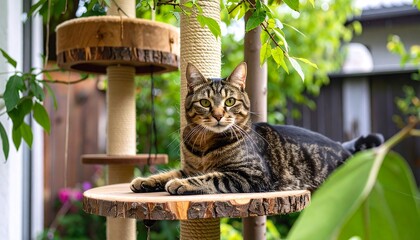 Curious tabby cat relaxing on a natural wood cat tree outdoors, looking directly at the viewer