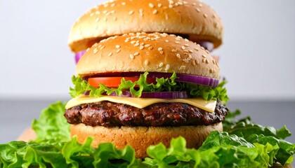 Gourmet cheeseburger with juicy beef patty, melted cheese, fresh lettuce, tomato, and red onion on a sesame seed bun, ready to eat.