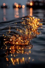 Obraz premium Sparkling Water Wave Reflecting Lights at Dusk