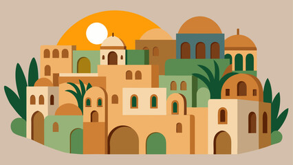 Ancient Desert Settlement Illustration with Mountains and Ruins