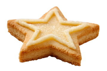 Single star shaped cookie with yellow icing and sugar crystals food baked, Isolated On Transparent Background, Png Cut Out