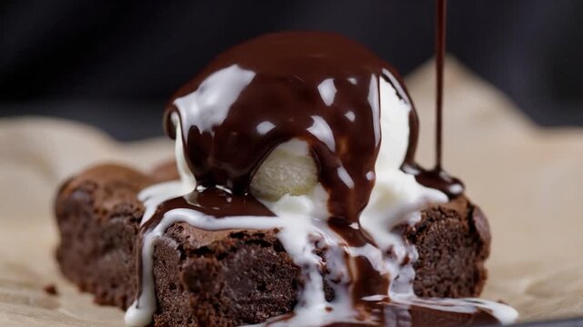 Chocolate sauce pouring over vanilla ice cream on rich brownie dessert confection sweet treat delicious bakery item closeup food photography