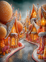 a magical Christmas street entirely made of candy and caramel, glowing gingerbread houses with icing windows, candy cane lampposts, chocolate cobblestone road, caramel roofs dripping gently.