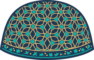A detailed vector illustration of a traditional Islamic kufi cap adorned with an intricate teal and gold geometric star pattern set against a dark blue background, representing classic Arabesque desig