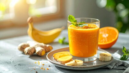 Freshly made orange ginger banana smoothie in a glass, garnished with mint, with ingredients on a table in natural light.
