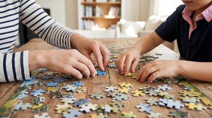 Warm home scene capturing an adult and child working together to assemble a colorful puzzle on a wooden table in a bright comfortable living room
