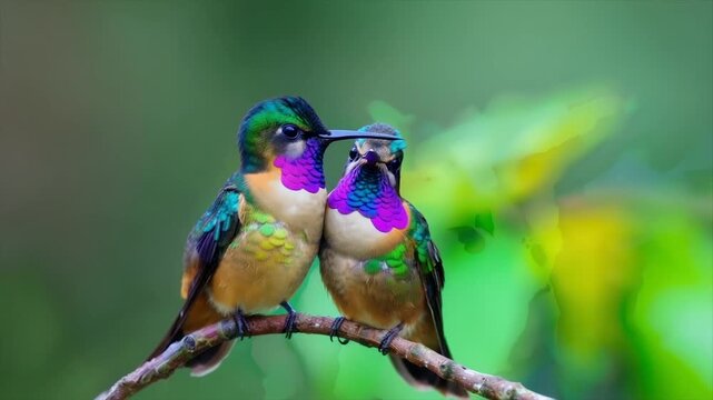 Two vibrant hummingbirds perch together on a branch, showcasing jewel-toned feathers