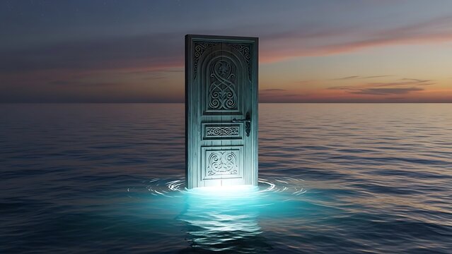 Mysterious monolith rises from the ocean at sunset with glowing light