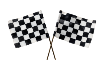 Two checkered racing flags crossed on sticks against a black background white, Isolated On Transparent Background, Png Cut Out