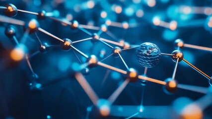 Abstract molecular structure with connections and spheres on blue background - Powered by Adobe