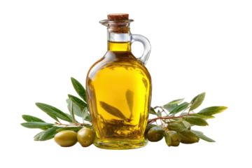 Glass bottle filled with golden olive oil beside green olives and leaves liquid, Isolated On Transparent Background, Png Cut Out