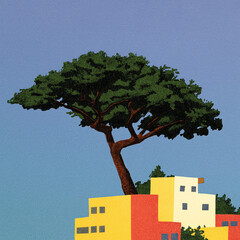 illustration of a large tree on top of three apartment buildings with yellow walls, against a blue sky background.
