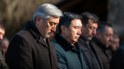 Emotional memorial gathering with solemn attendees paying respects in natural light