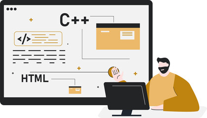 Man Explaining Web programming. Male showing screen computer programmer software coding language.