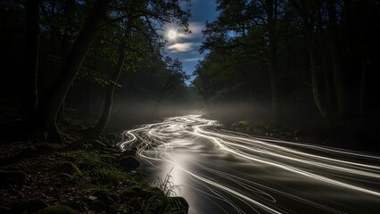 Long exposure photograph of a winding mountain road at night with light trails