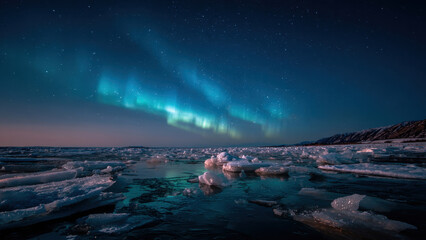 Winter aurora illuminating floating ice field