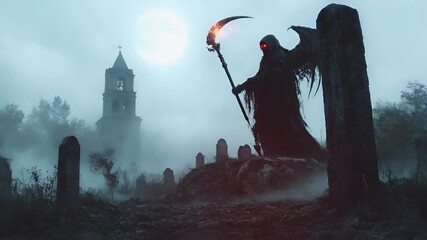 Halloween holiday promotion theme. Spooky scaring. A dark, atmospheric, and atmospheric portrayal of a grim reaper with a crescent moon in the background.