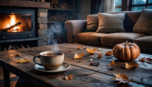 Pumpkin and Coffee on Wooden Table.