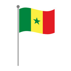 Vector illustration of the Senegal national flag waving on a simple pole, showcasing its green, yellow, and red vertical stripes with a central green star symbolizing national identity