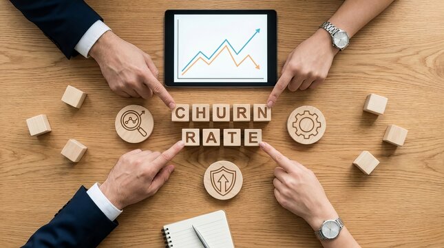 Business professionals reviewing churn rate data with wooden cubes spelling 'CHURN RATE', emphasizing analysis, retention, and decision-making