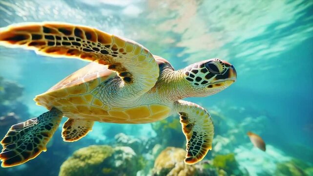 An underwater shot of a turtle swimming in the ocean, showing details of shell and flippers
