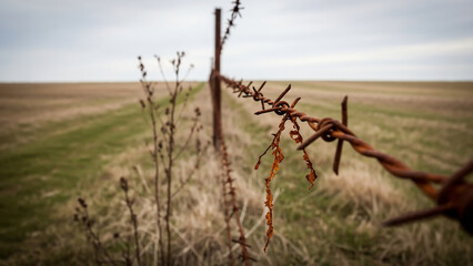 Rusty Barbed Wire Fence in Field &ndash; Symbol of Abandonment and Historical Wounds