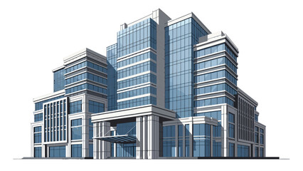 Obraz premium Stylized multistory modern office building with blue glass and white trim