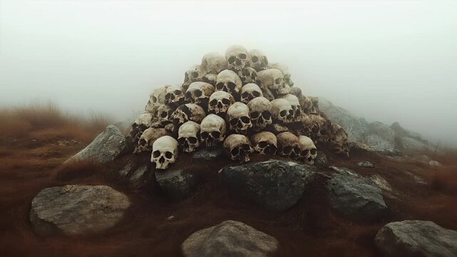 Halloween holiday promotion theme. Spooky scaring. A large pile of skulls on a rocky terrain, set against a misty backdrop. The skulls are arranged in a staggered formation.