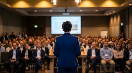 Business professional delivering a keynote address to a large corporate audience in a modern conference room with presentation screen in the background