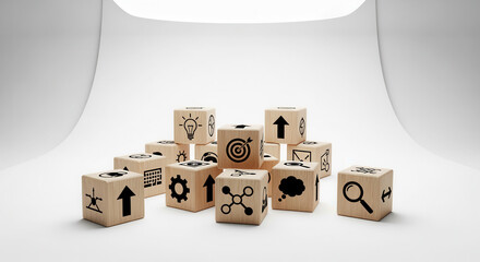 Wooden cubes featuring innovation matrix symbols positioned using controlled depth and soft diffused white backdrop..png