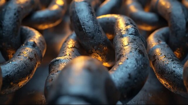 Close-up of rusted metal chains illuminated by warm light, background blurred