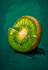 An artistic digital painting of a sliced fresh kiwi fruit, showcasing its vibrant green pulp, black seeds, and fibrous brown skin against a dark textured background. 