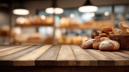 Wooden board empty table background. abstract blurred bakery shop background