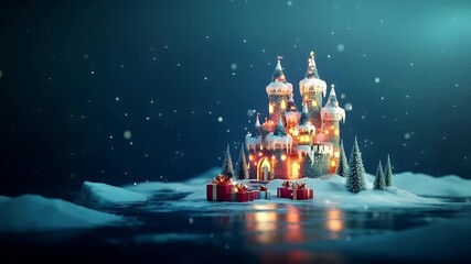 Winter holiday celebration concept. Christmas New Year. A Christmasthemed digital artwork featuring a castle with lit windows and snowcovered rooftops.