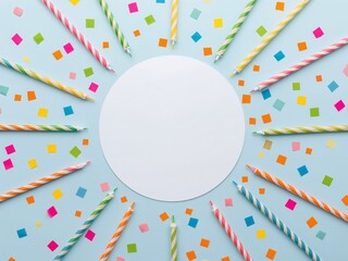 Colorful birthday candles arranged in a circle around white space with scattered confetti.