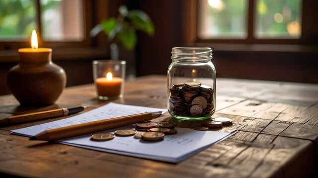 Coins in jar and notes on wooden table.
