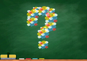 カラフルな吹き出しで描かれたチョーク風の疑問符イラスト（黒板背景）